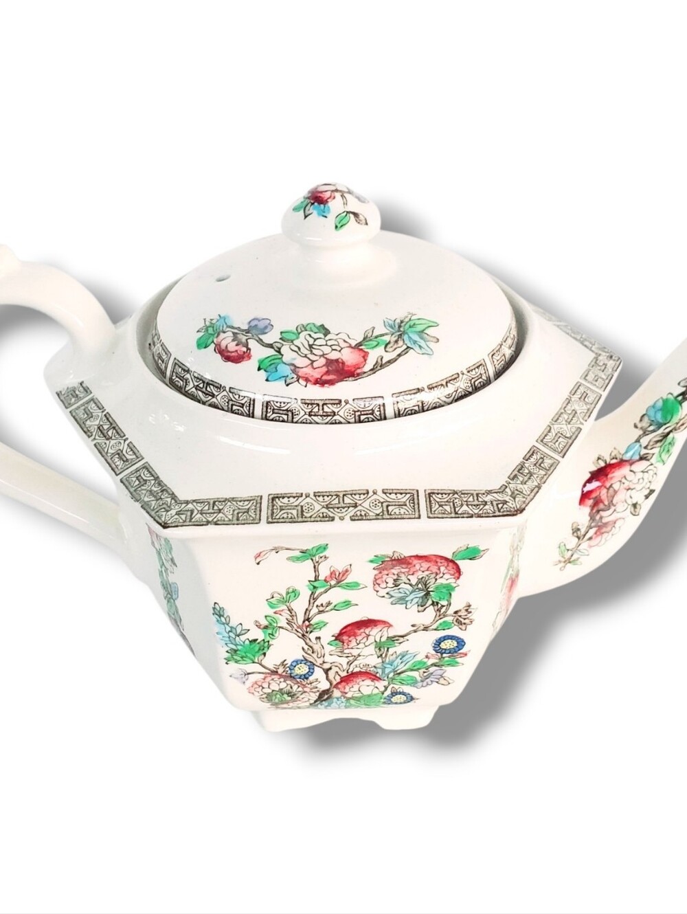 Vintage Floral Porcelain Teapot w/ Lid Asian Inspired English White Ceramic Gold